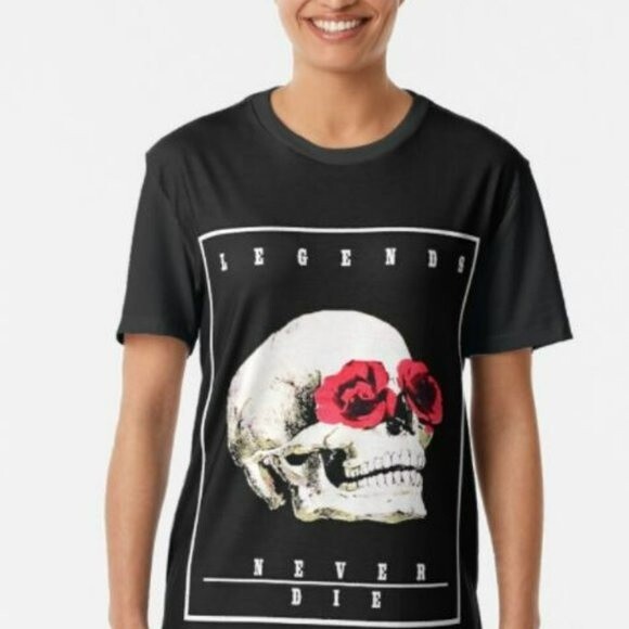 Legends Never Die Short Sleeve Blue T-Shirt Skull Roses Crewneck Pullover Small - Picture 1 of 6